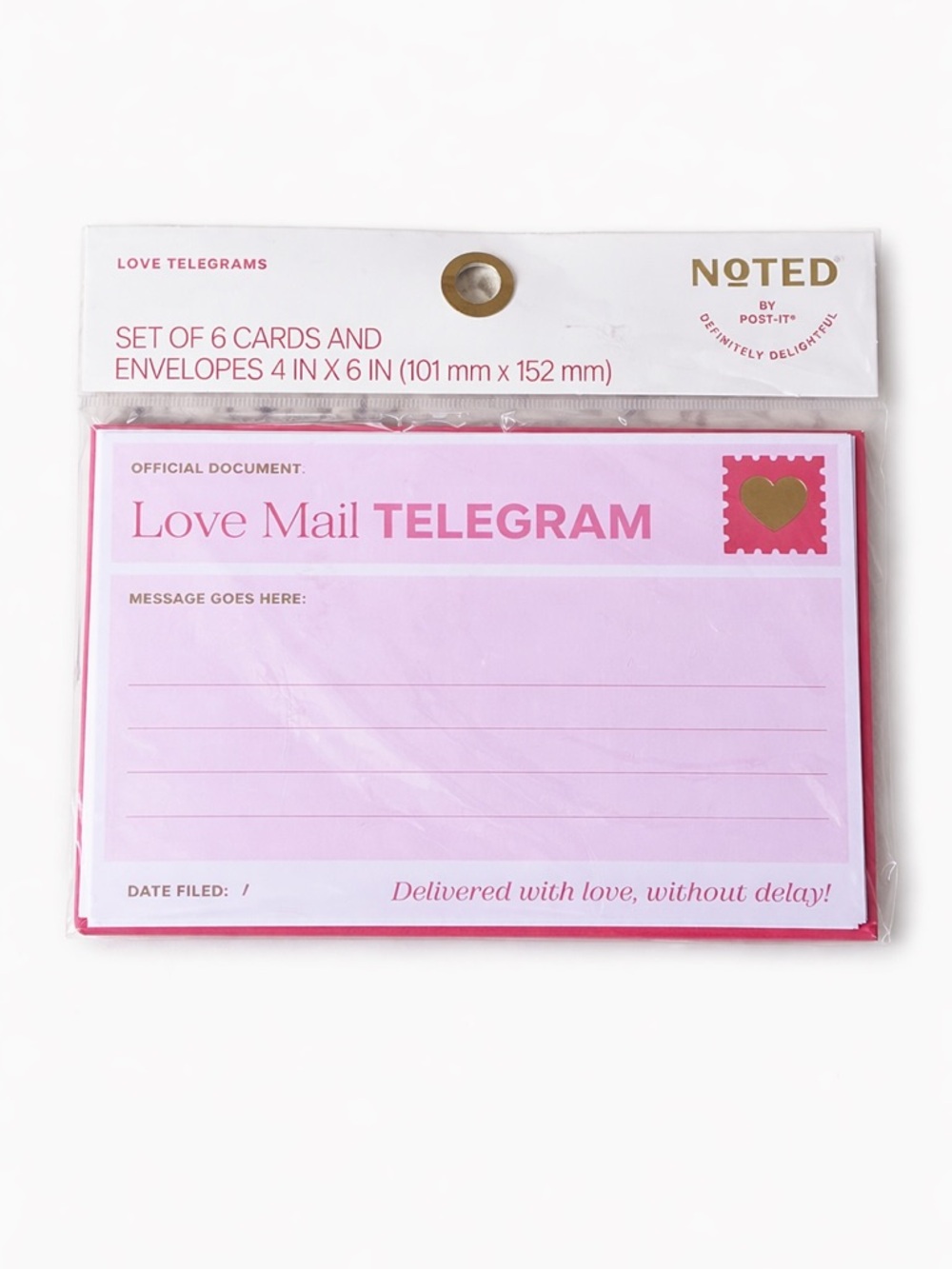 Noted by Post-it Pink Love Mail Telegram Cards - Set of 6